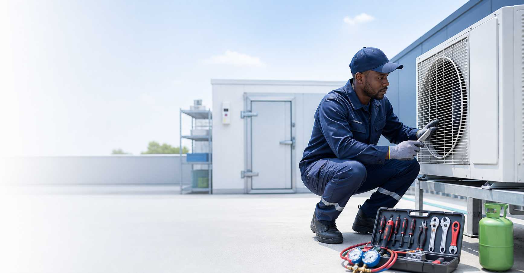 Cooling system technician servicing an air conditioning condenser