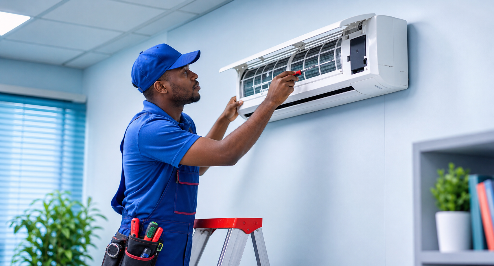 Technician servicing a wall-mounted air conditioner